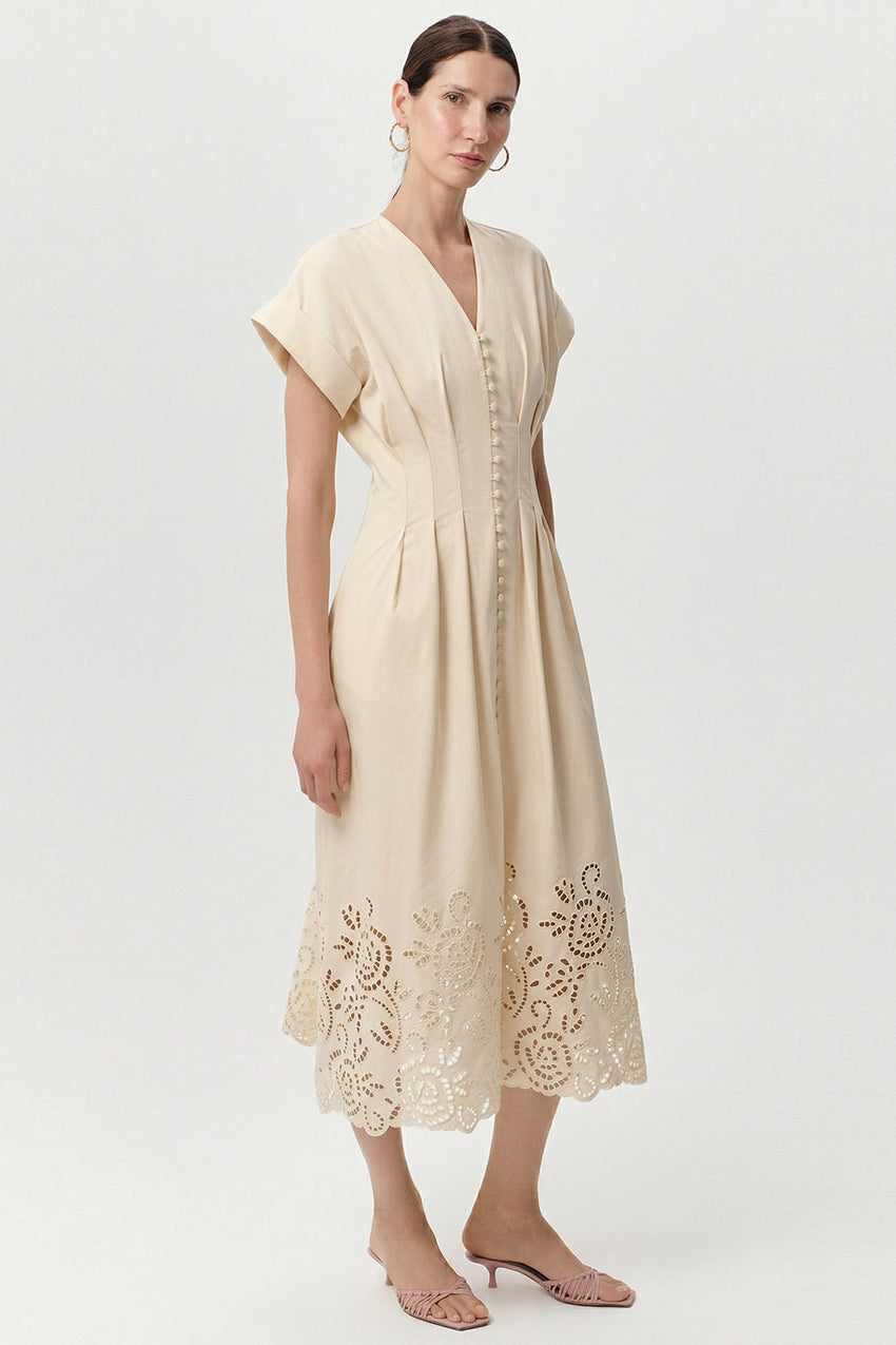 V Neck Short Sleeve Buttoned Midi Dress - BONE