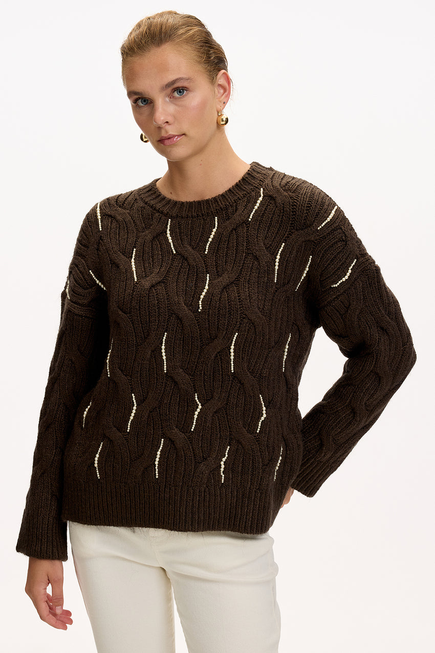 Brown Regular Fit Knit Blouse with Beaded Embroidery and Crew Neck