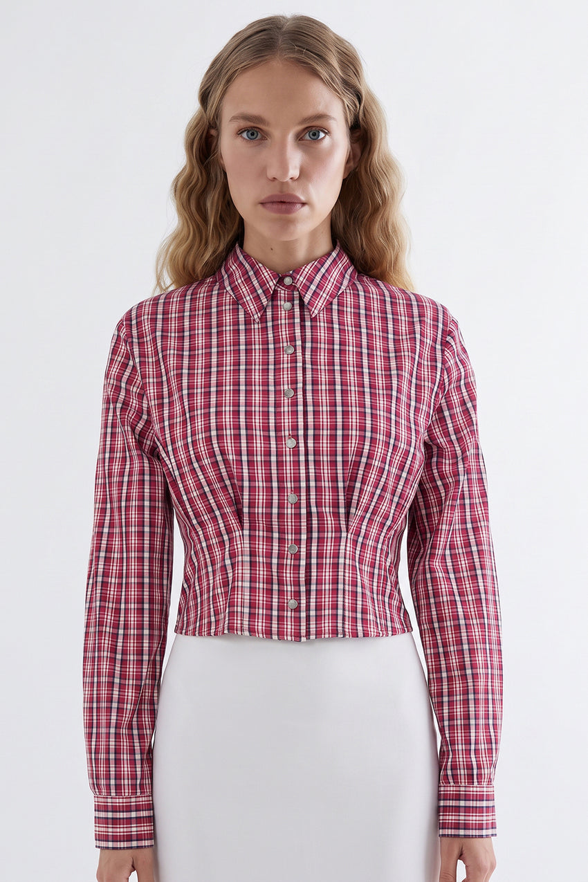 Collared Long Sleeve Shirt with Pleated Waist - MULTICOLOR