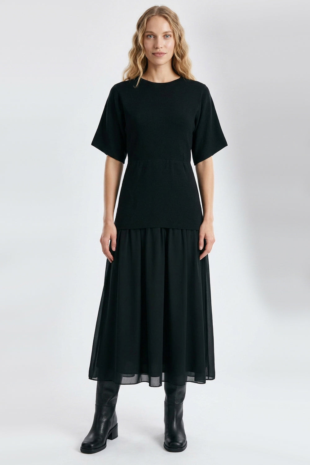 Short Sleeve Midi Dress with Chiffon Lined Skirt - BLACK