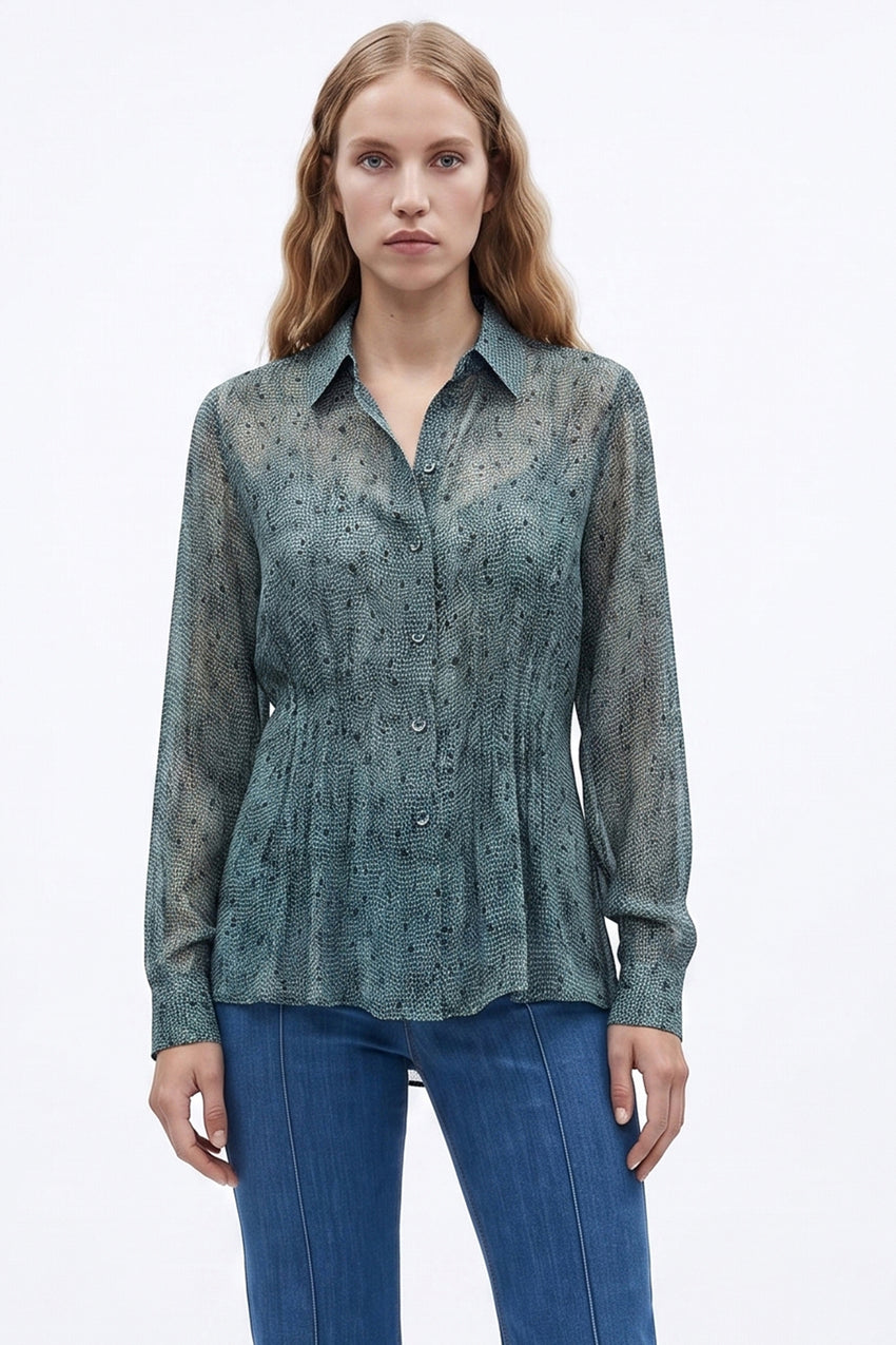 Lined Chiffon Shirt with Pintuck Waist Detail - MULTICOLOR