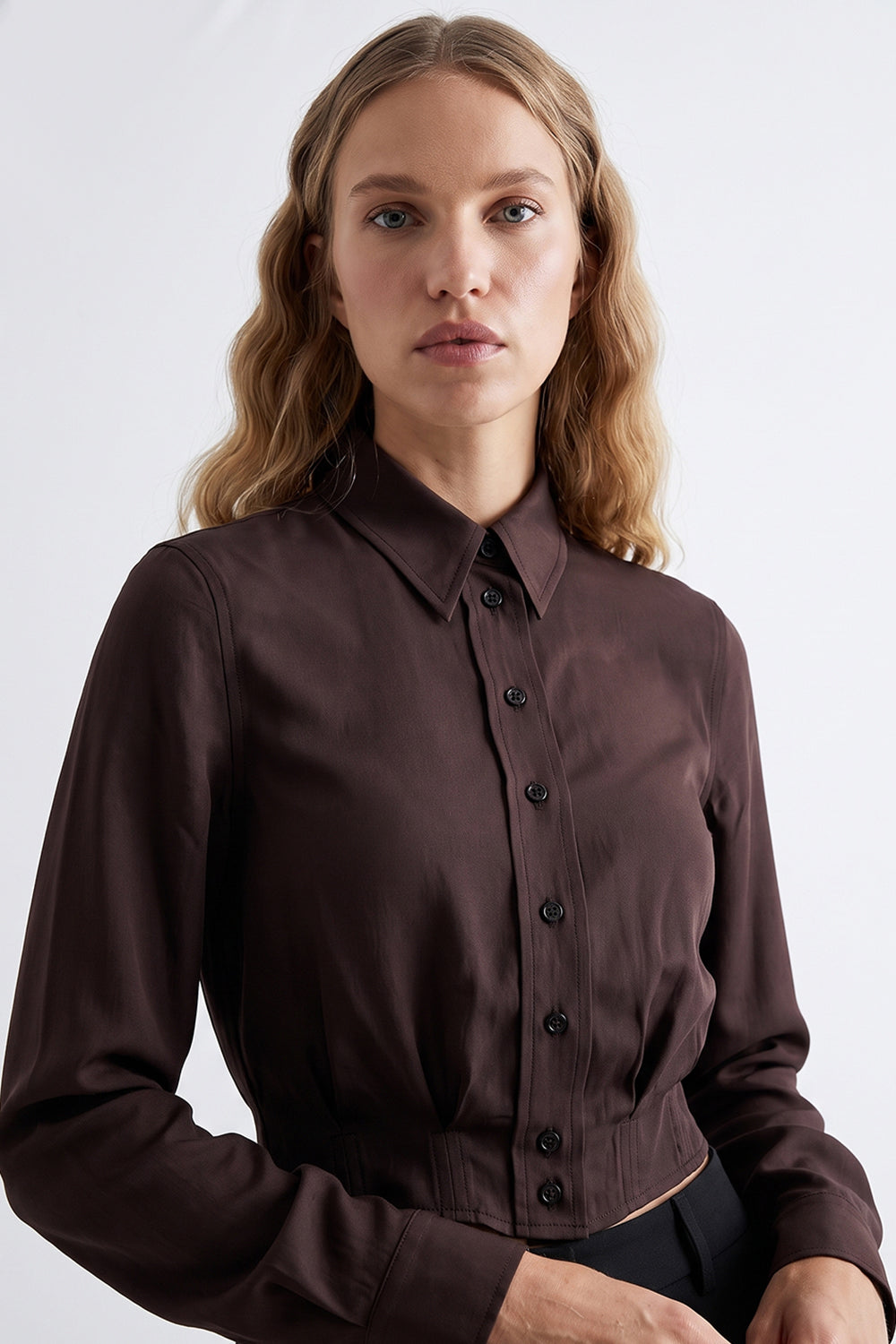 Satin Long Sleeve Shirt with Pleated Waist - BROWN