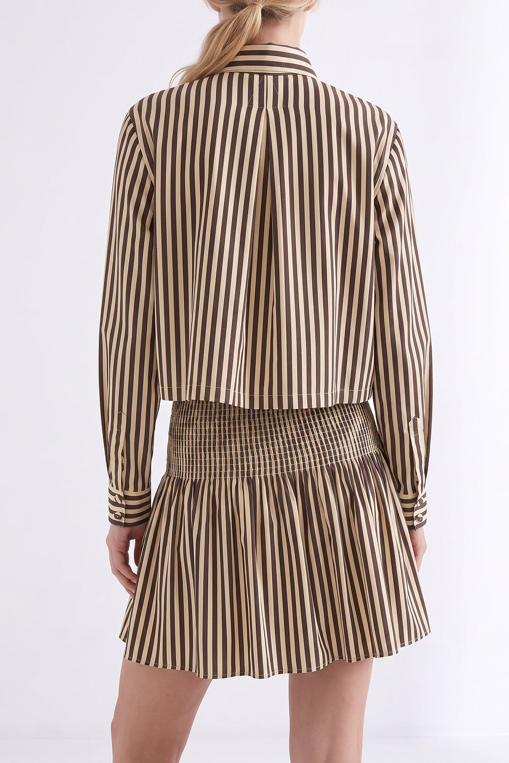 Collared Mini Dress with Shirred Waist - BROWN BEIGE