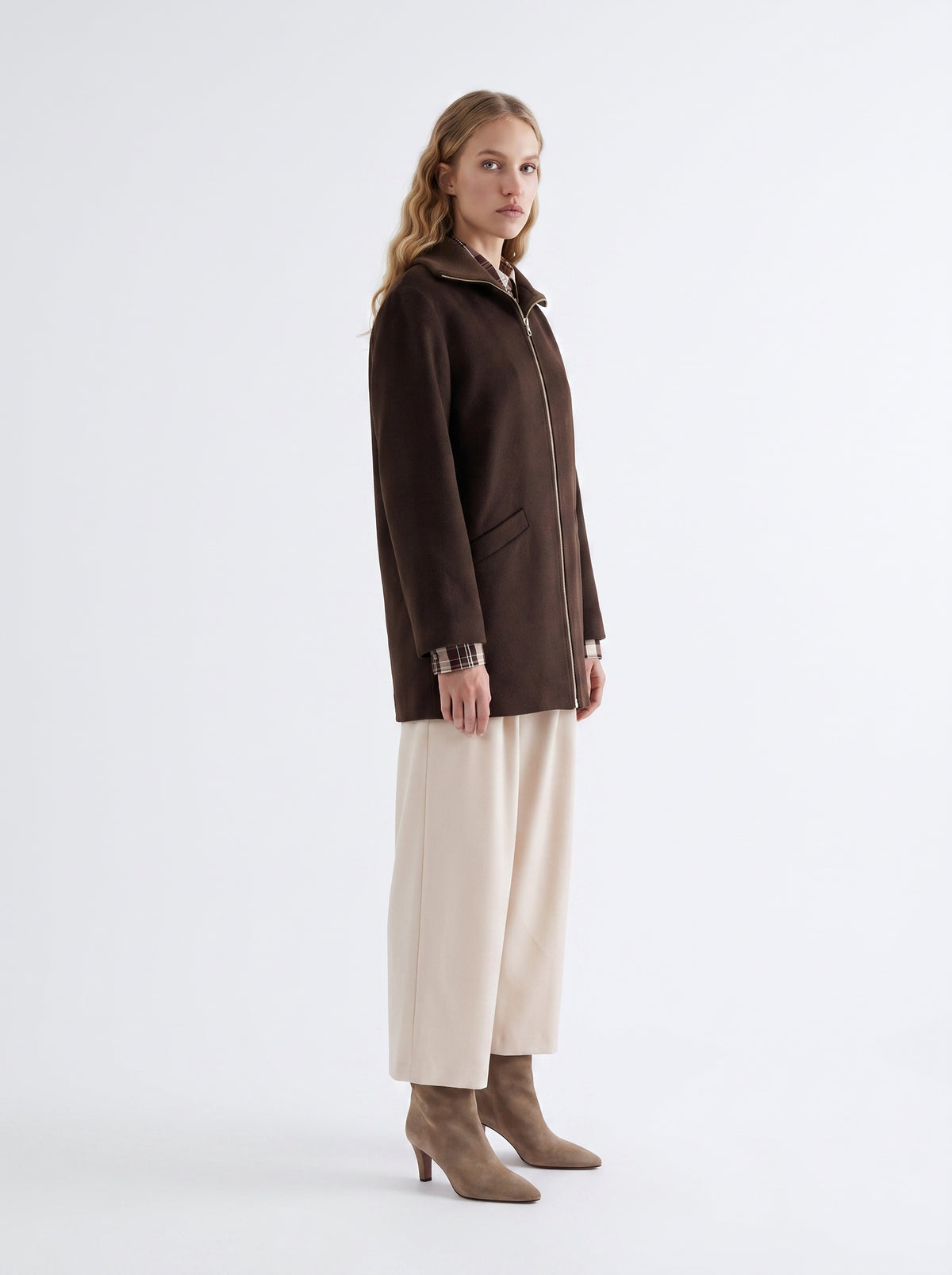 Ribbed Wool Blend Lined Coat - BROWN