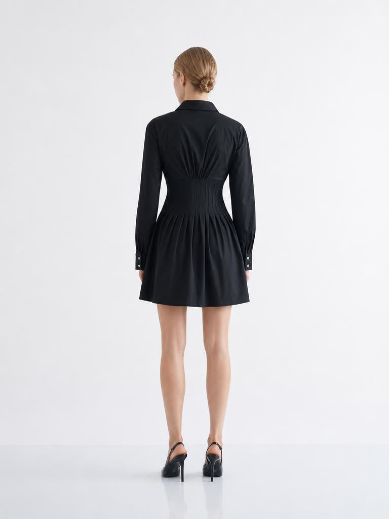 Fitted Mini Dress with Metal Buttons - BLACK