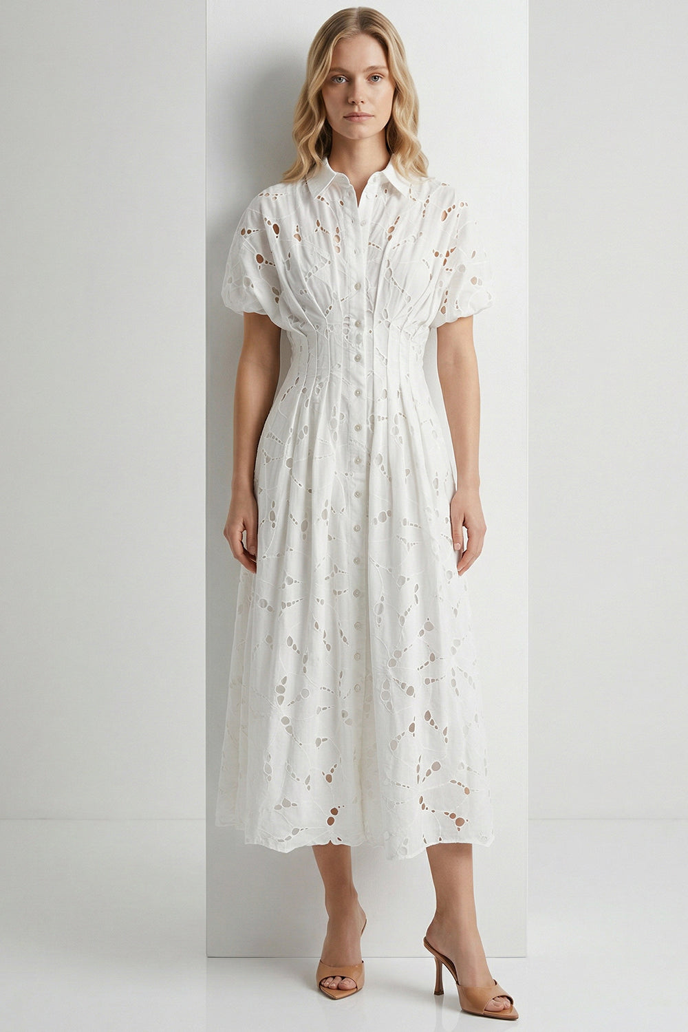 Short Sleeve Buttoned Eyelet Lined Midi Shirt Dress - WHITE