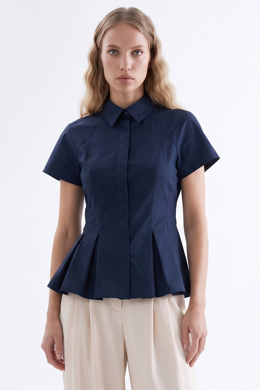 Dropped Sleeve Pleated Zigzag Stitch Shirt - NAVY