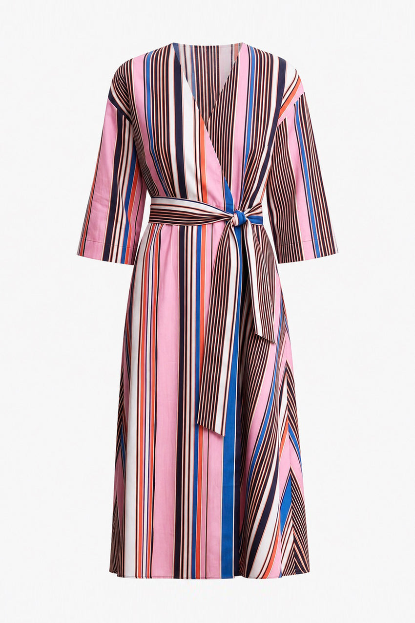 Double Breasted Tie Waist Striped Dress - MULTI COLOR