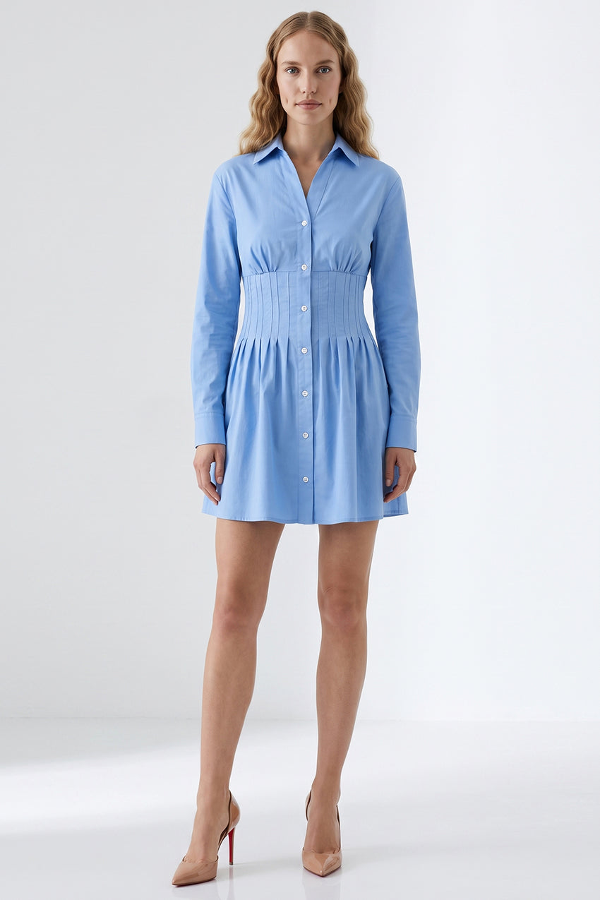 Fitted Mini Dress with Metal Buttons - BLUE
