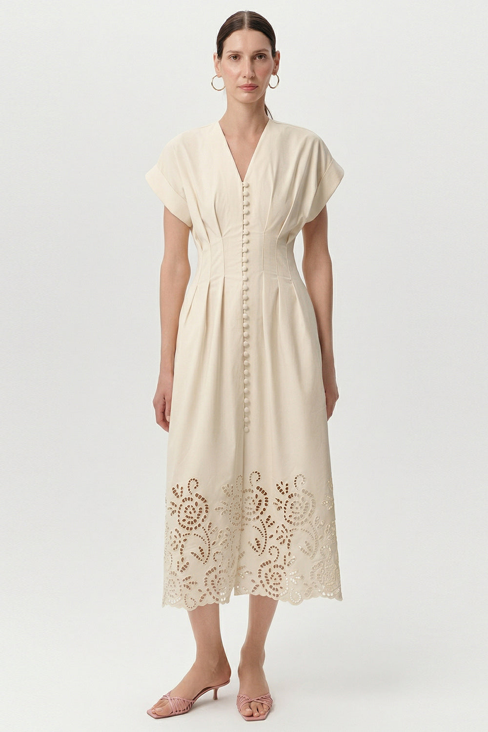 V Neck Short Sleeve Buttoned Midi Dress - BONE