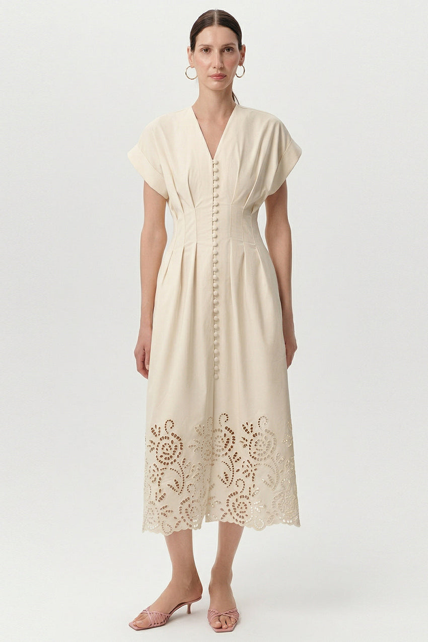 V Neck Short Sleeve Buttoned Midi Dress - BONE