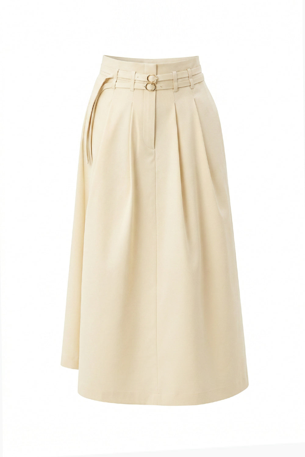 Belted High Waist Pleated Midi Skirt - CREAM