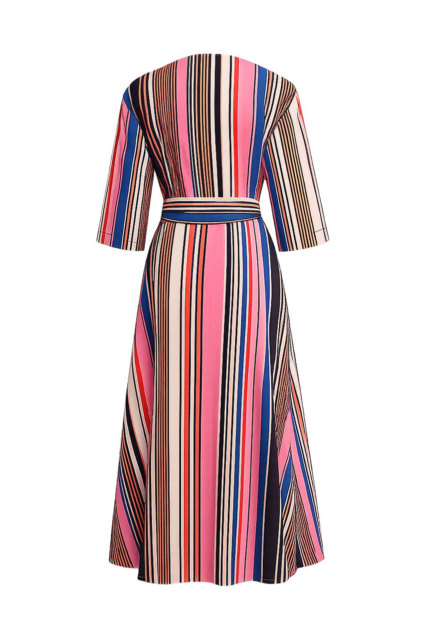 Double Breasted Tie Waist Striped Dress - MULTI COLOR