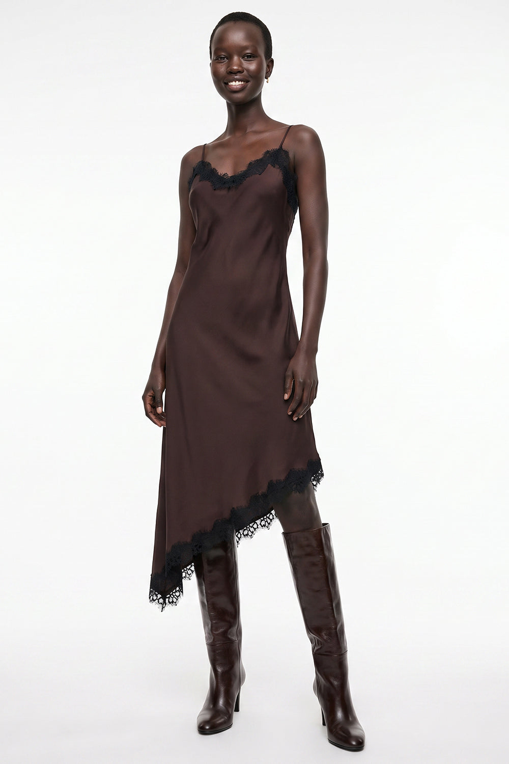 Satin Fitted Dress with Adjustable Straps - BROWN