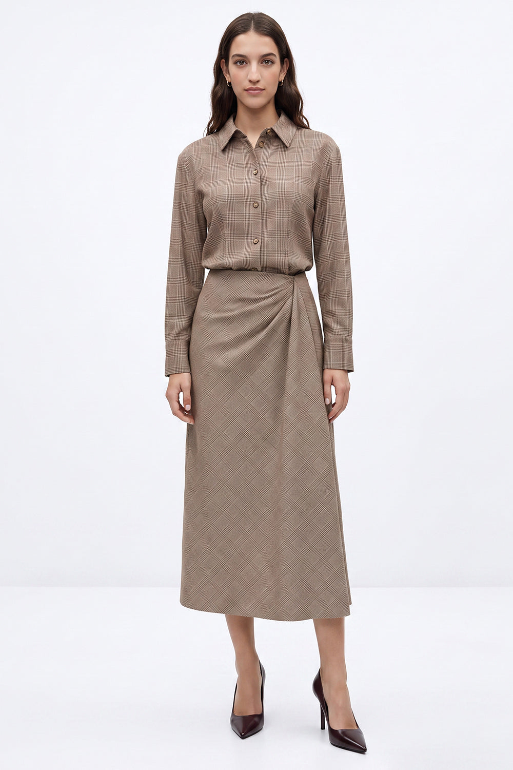 Midi Skirt with Side Slit and Ruched Waist - MULTICOLOR