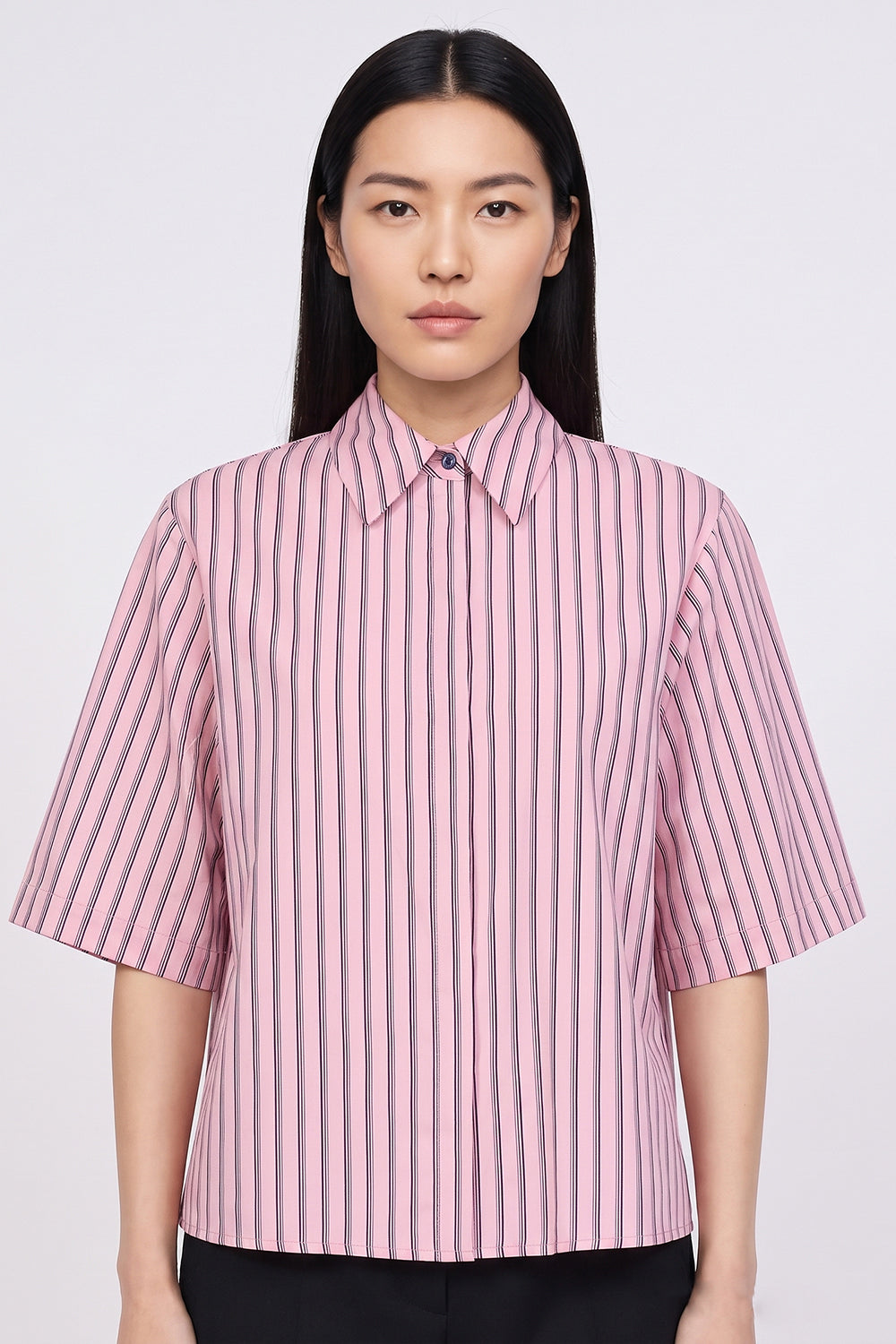 Short Sleeve Button Front Shirt with Concealed Placket - PINK NAVY BLUE