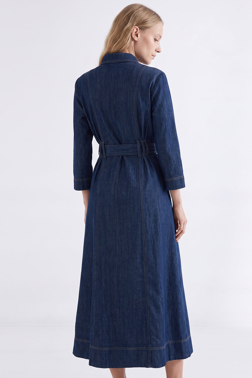 Long Sleeve Belted Denim Midi Shirt Dress - INDIGO