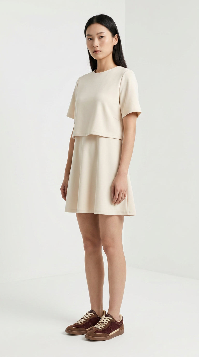 Short Sleeve Round Neck Mini Dress - BONE