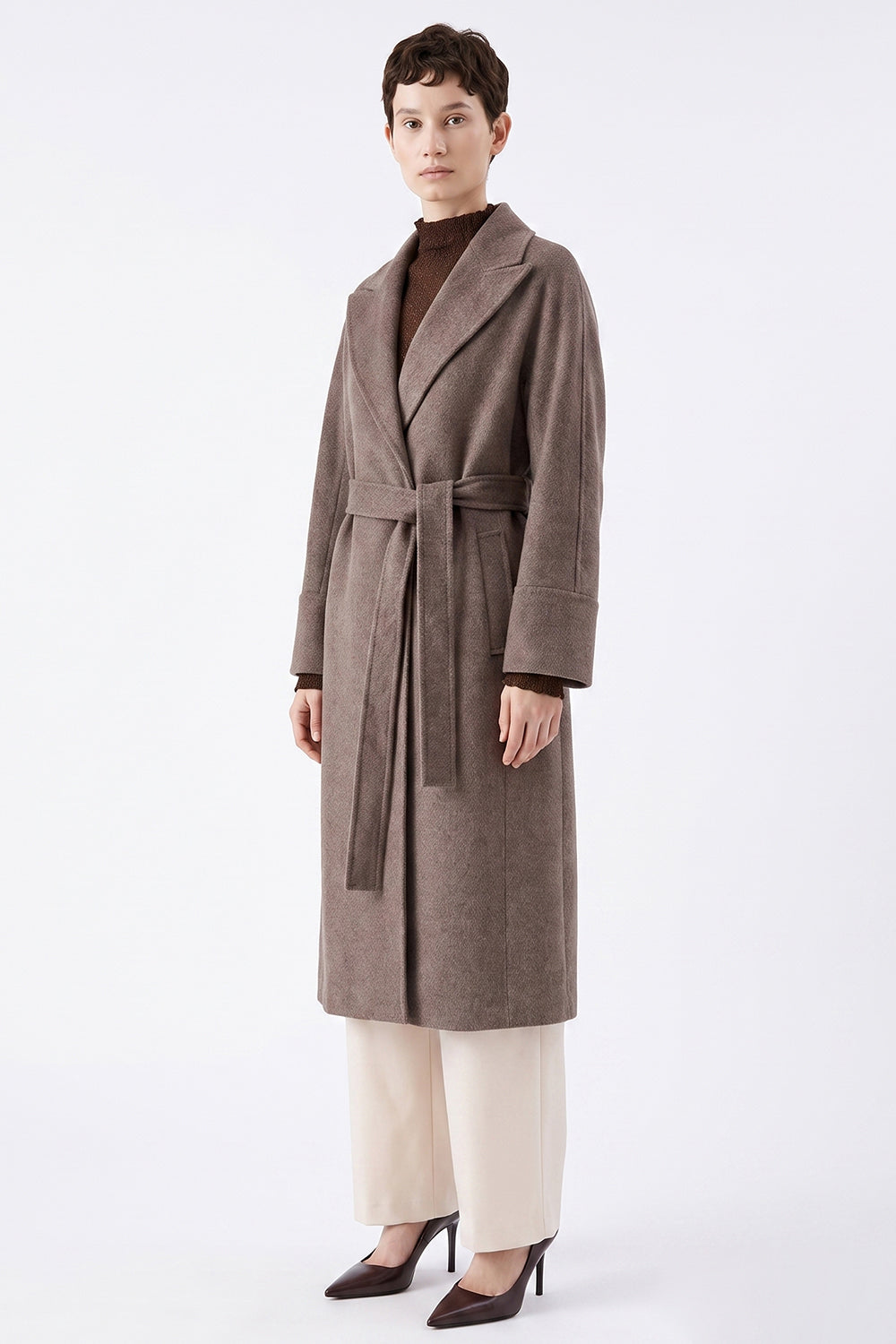Raglan Sleeve Lined Coat with Belted Waist - BROWN