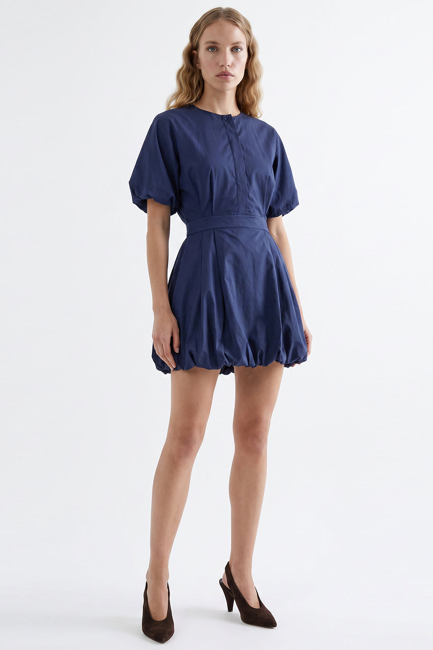 Balloon Sleeve Lined Mini Dress with Elastic Waist - BLUE