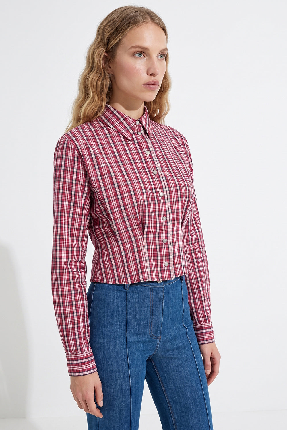 Collared Long Sleeve Shirt with Pleated Waist - MULTICOLOR