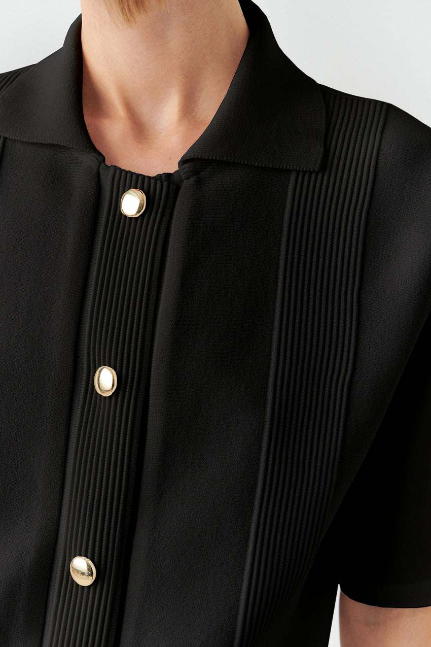 Short Sleeve Knit Trim Poplin Regular Shirt Black
