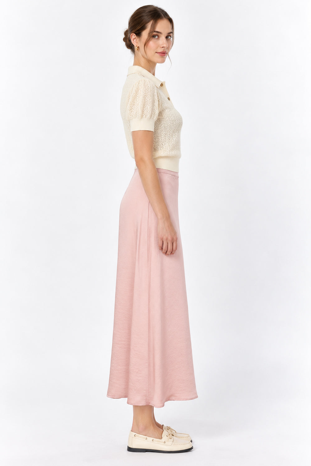 Satin Midi Skirt with Elastic Back - PINK