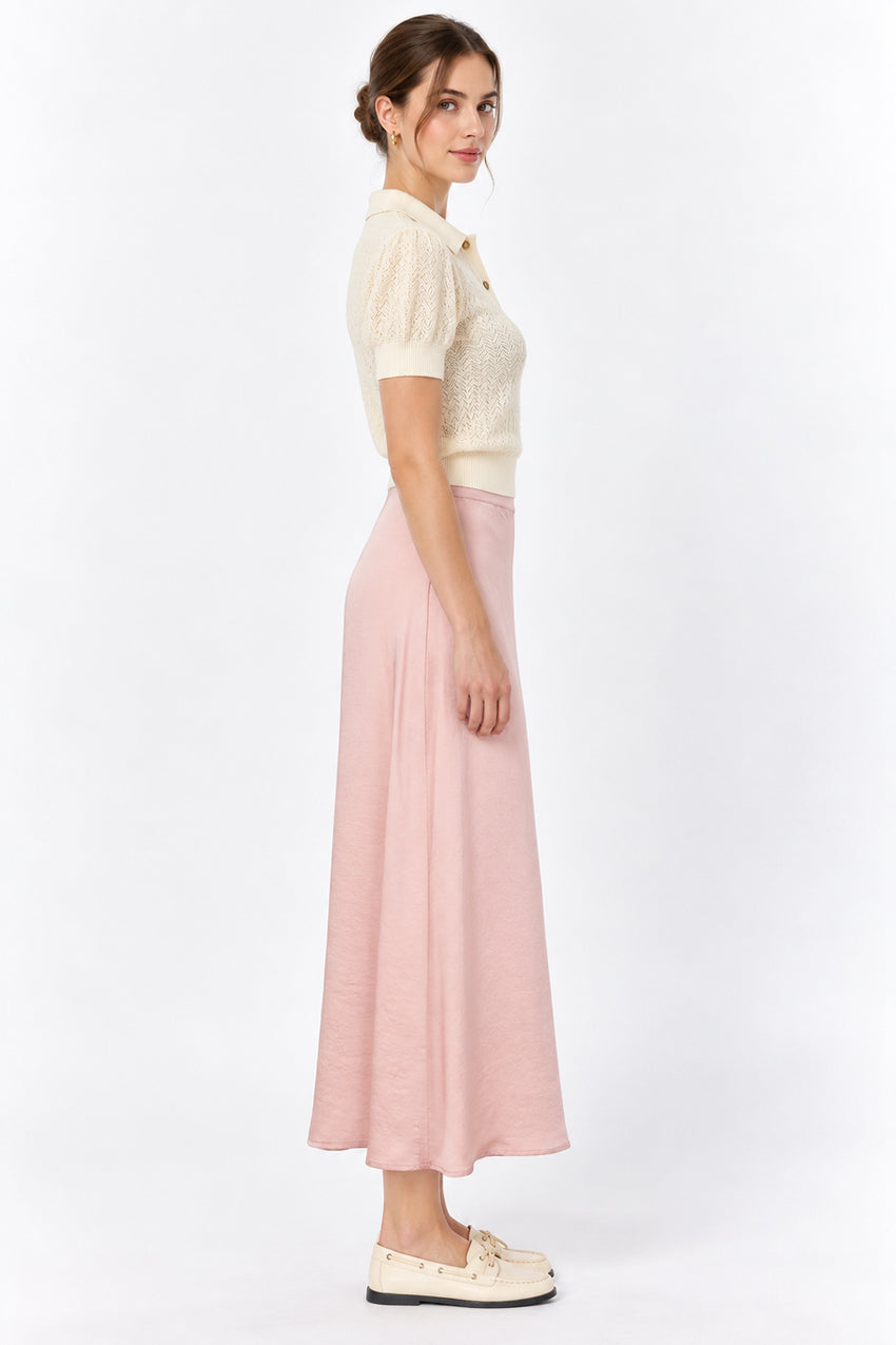 Satin Midi Skirt with Elastic Back - PINK