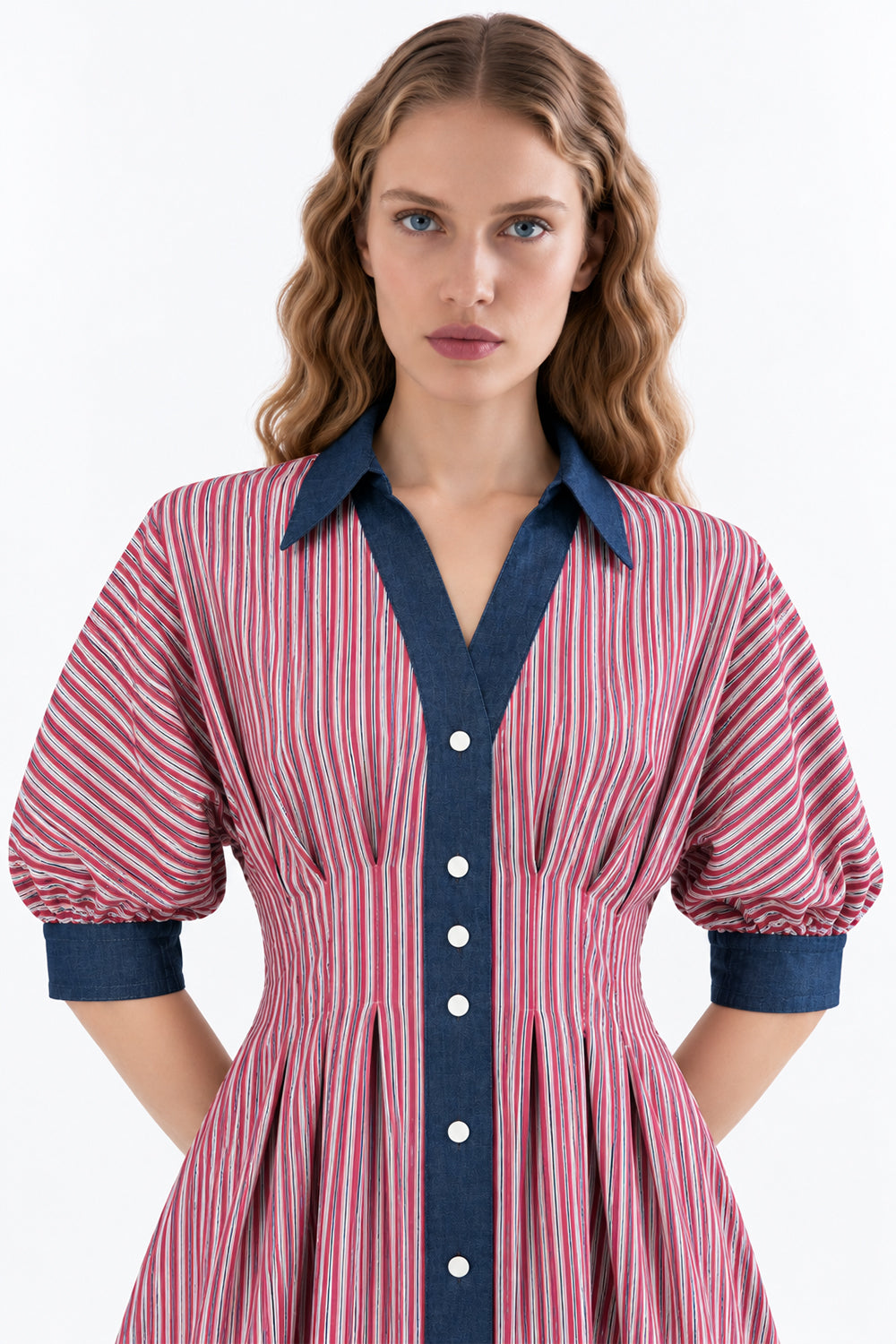 Denim Trim Raglan Sleeve Pleated Midi Dress - MULTICOLOR