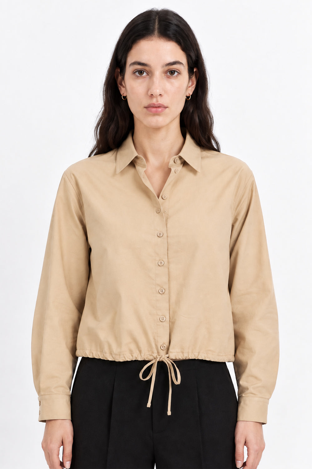 Long Sleeve Shirt with Elastic Waist - BEIGE