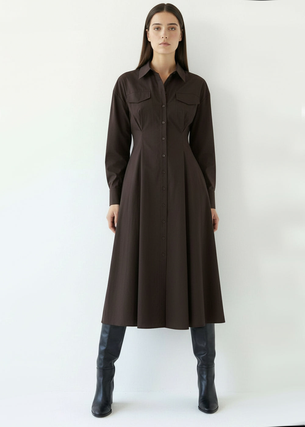 Brown Slim Fit Midi Dress with Shirt Collar and Long Sleeves