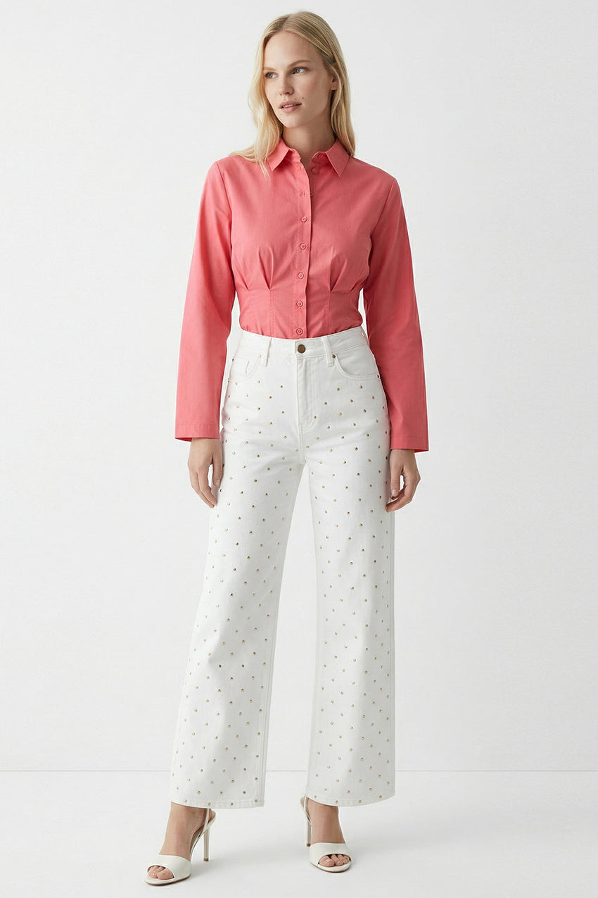 High Waisted Wide Leg Denim Jeans - WHITE
