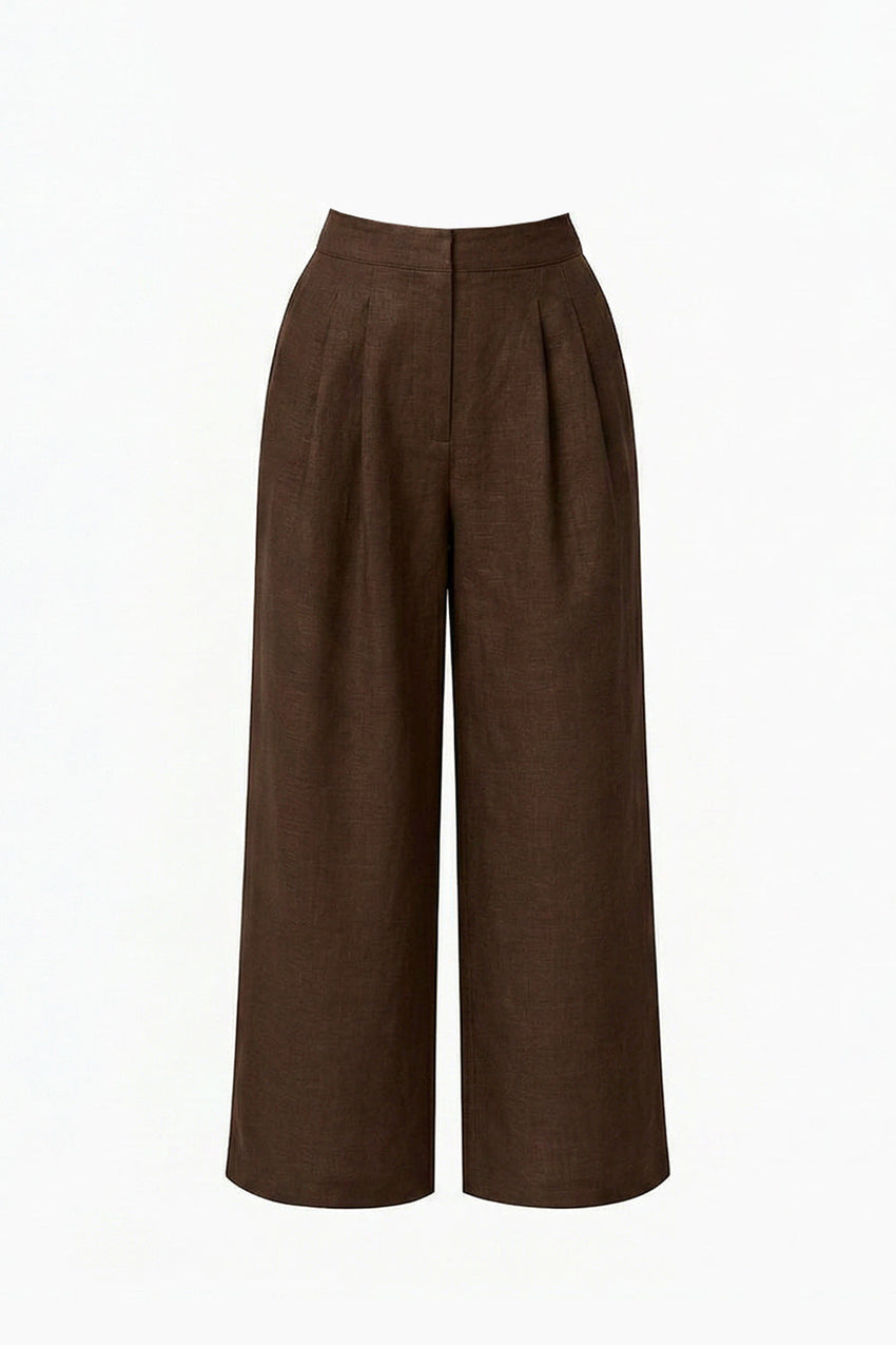 Pocket Zipper Culotte Linen Pants - BROWN