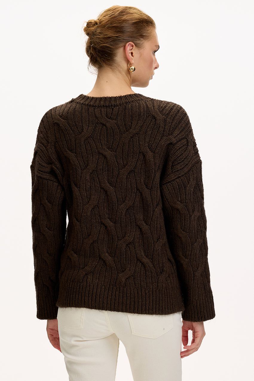 Brown Regular Fit Knit Blouse with Beaded Embroidery and Crew Neck