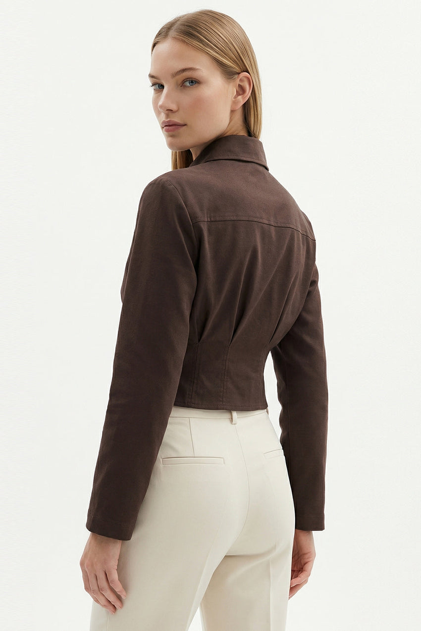 Long Sleeve Crop Shirt - BROWN