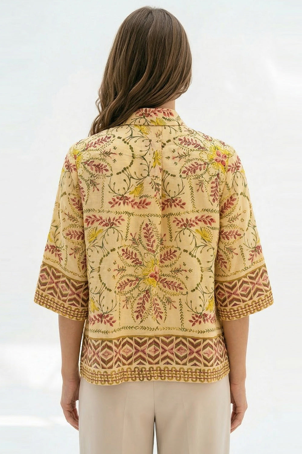 Three Quarter Sleeve Shirt Collar Pleat Detail Shirt - MULTI COLOR