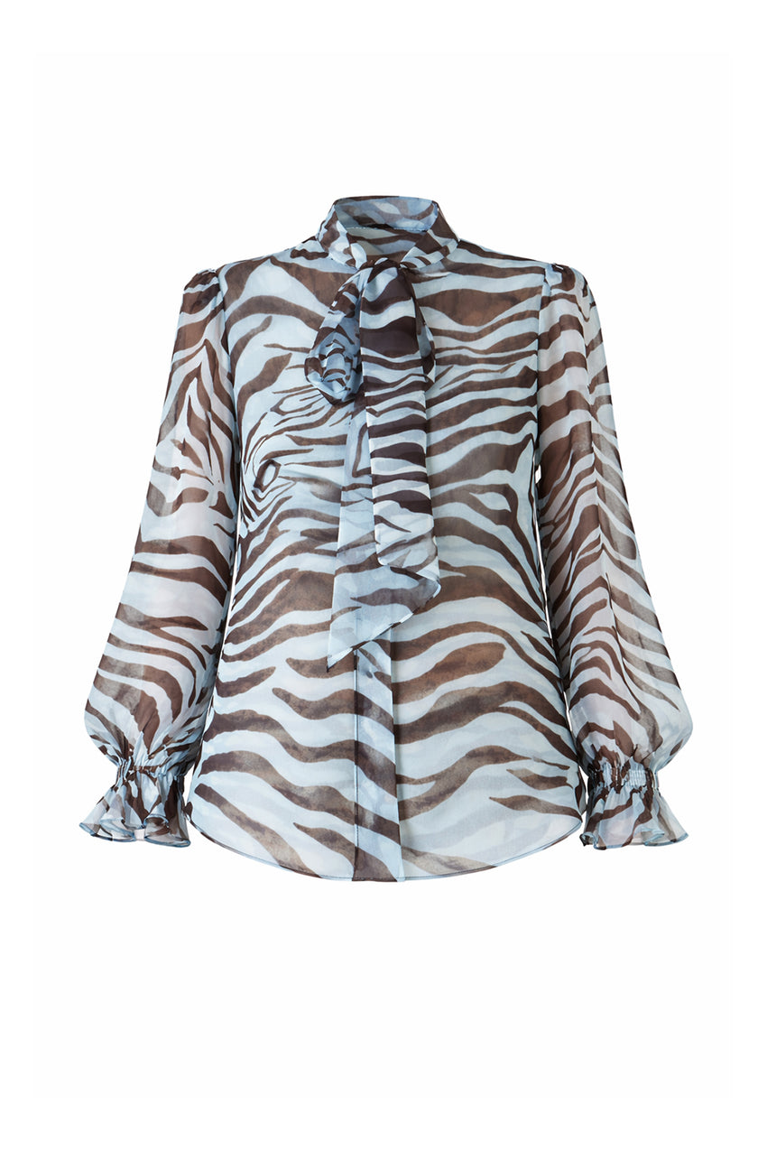 Regular Scarf Neck Zebra Blouse - Blue