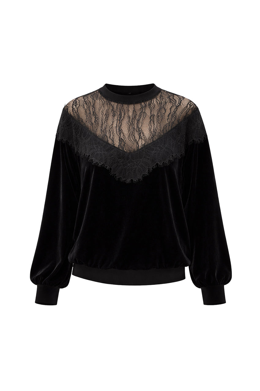 Regular Velvet and Tulle Detailed Blouse - Black