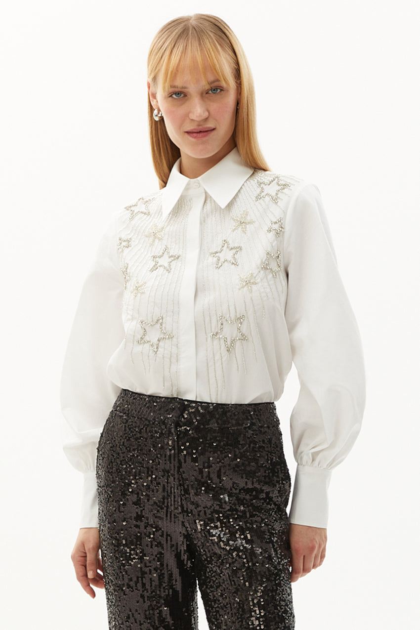 Regular Star Hand-Embroidered Cotton Shirt - Ecru