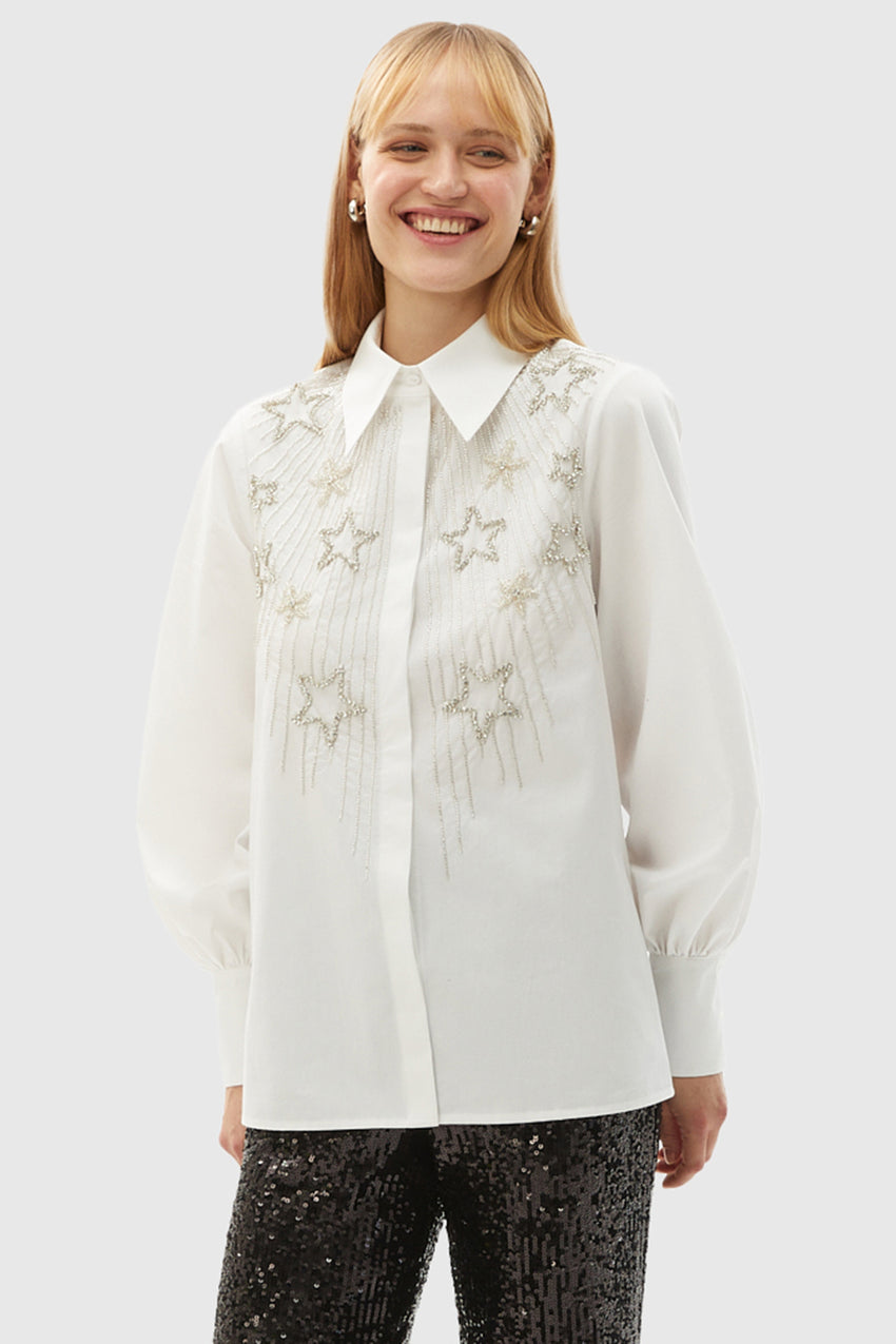 Regular Star Hand-Embroidered Cotton Shirt - Ecru
