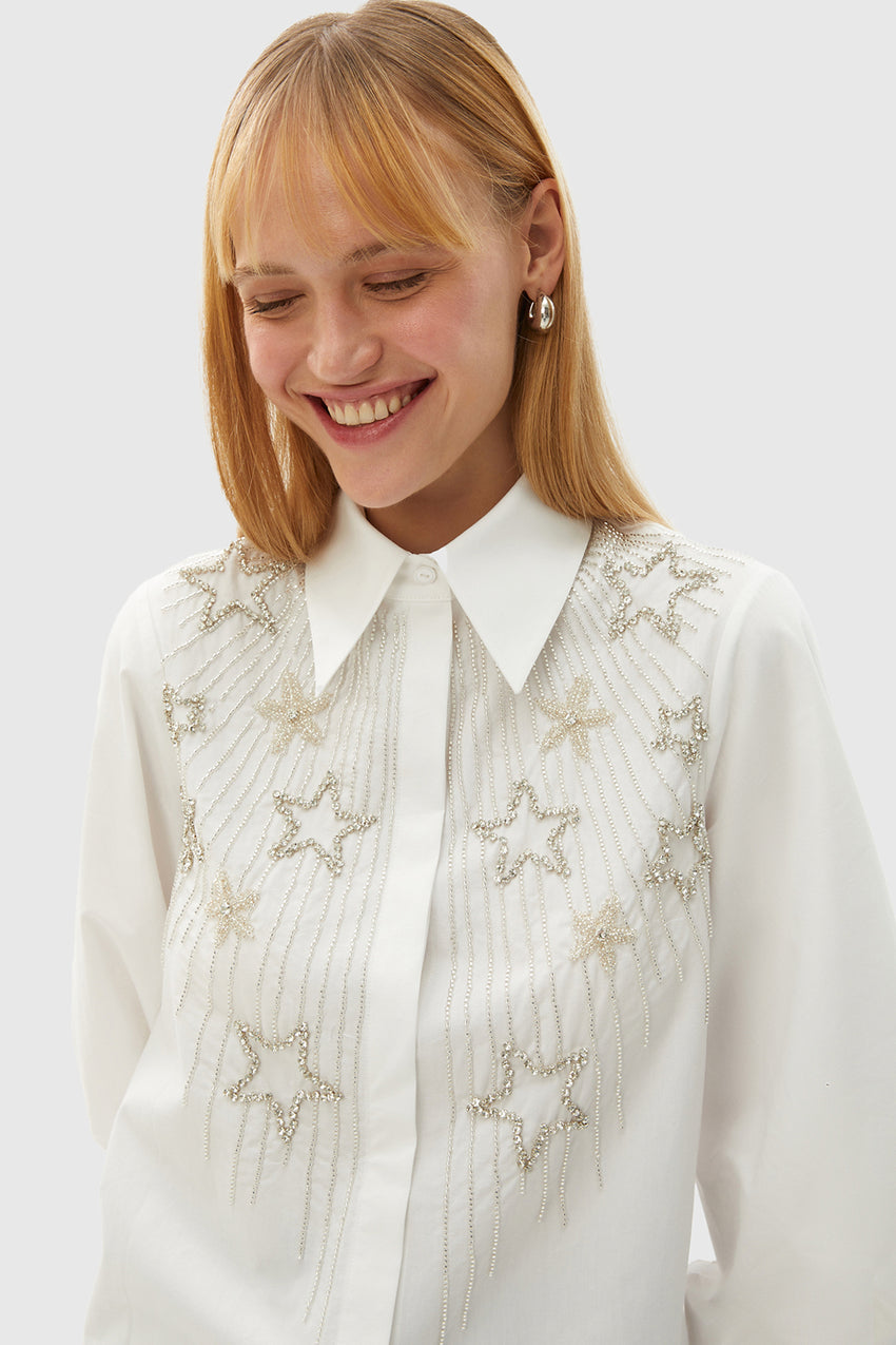 Regular Star Hand-Embroidered Cotton Shirt - Ecru