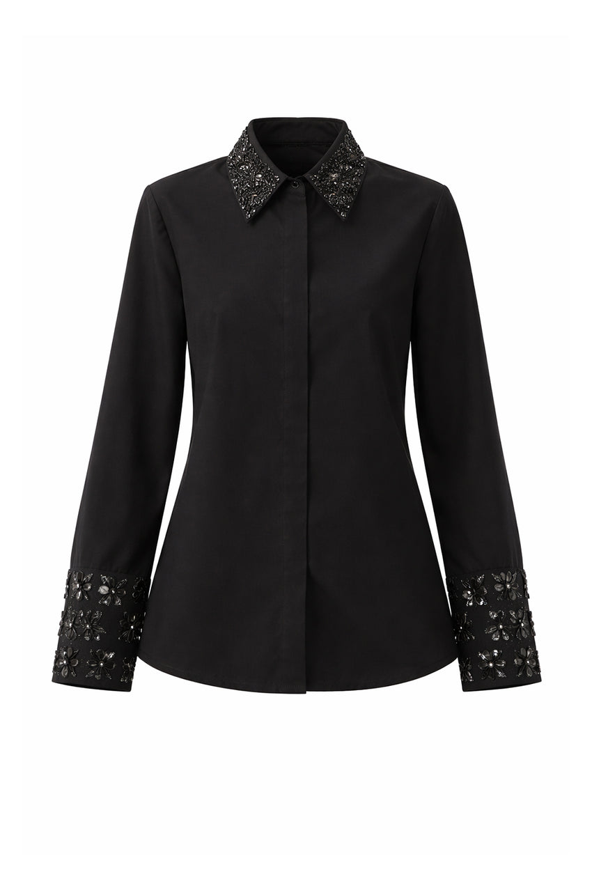 Regular Embroidered Sleeve Cotton Shirt - Black