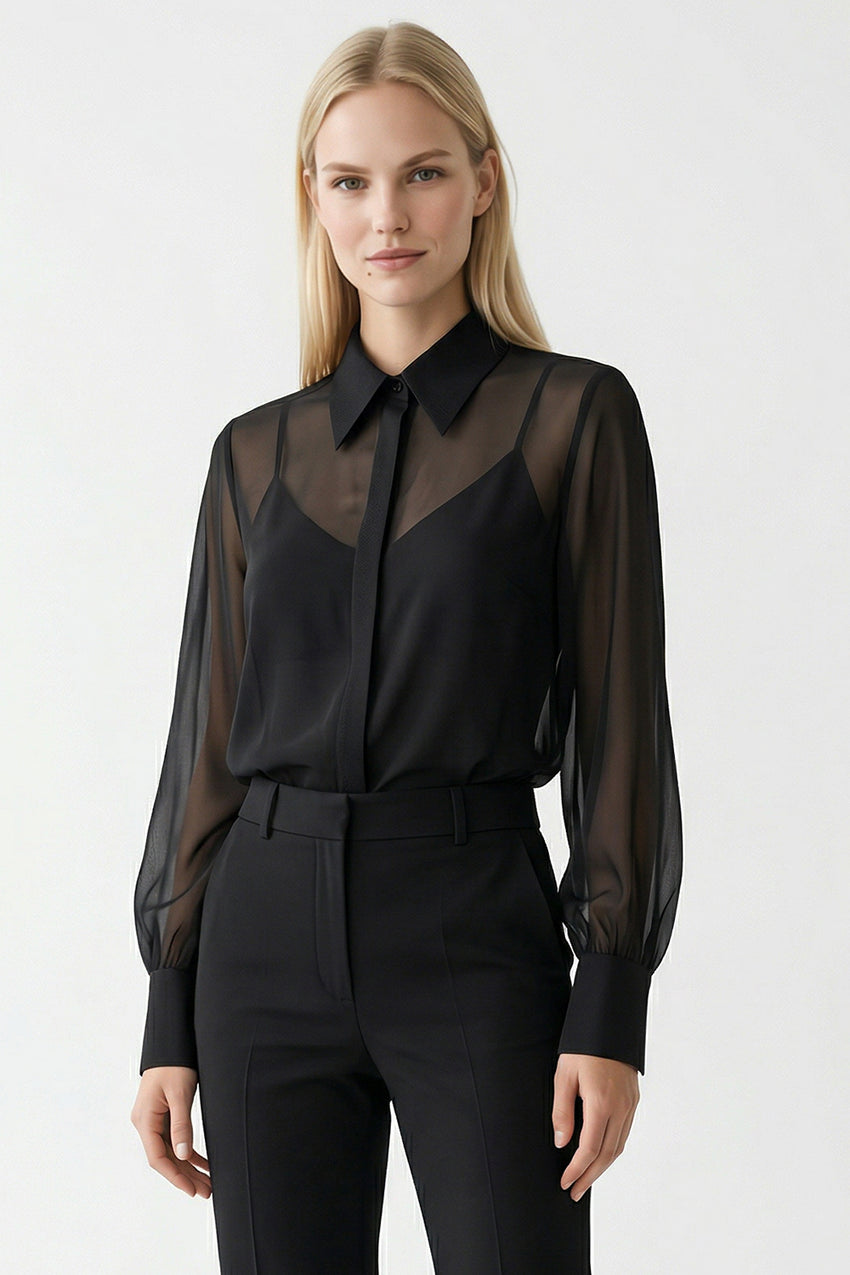 Regular Fit Balloon Sleeve Sheer Shirt - Black