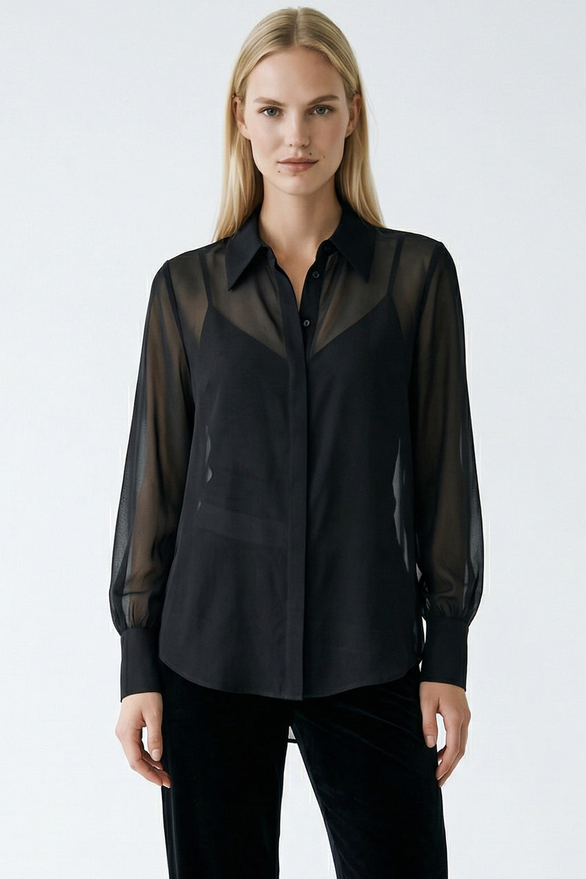 Regular Fit Balloon Sleeve Sheer Shirt - Black
