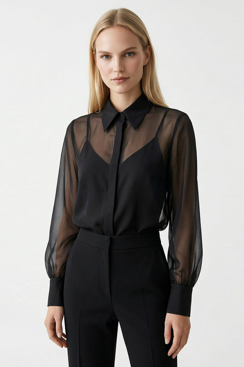 Regular Fit Balloon Sleeve Sheer Shirt - Black