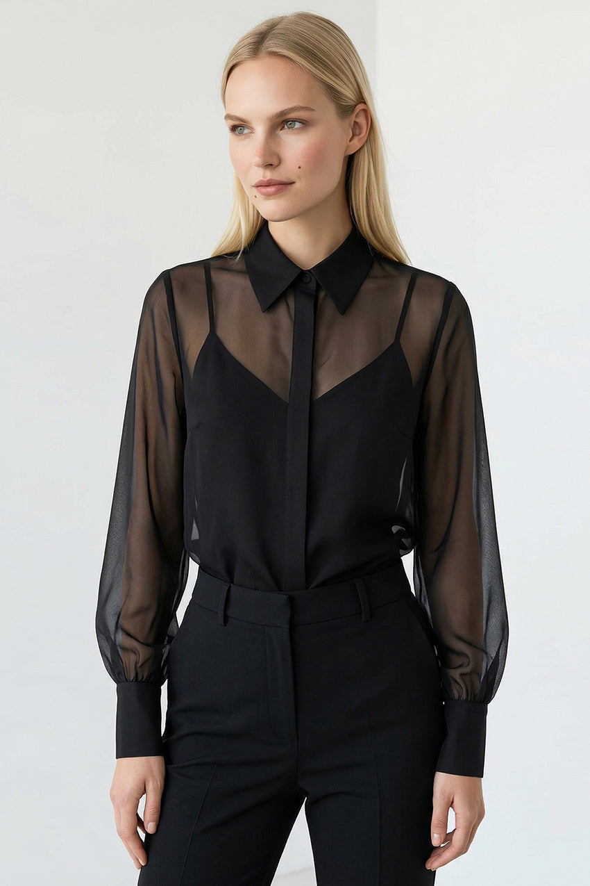 Regular Fit Balloon Sleeve Sheer Shirt - Black