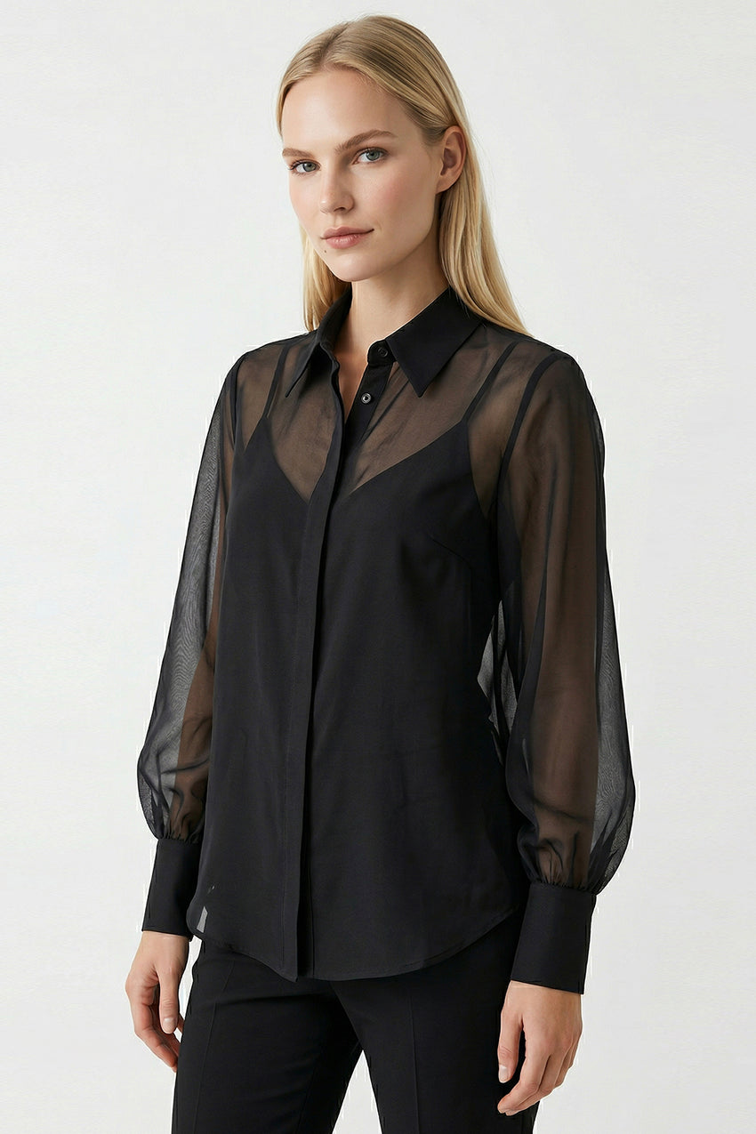 Regular Fit Balloon Sleeve Sheer Shirt - Black