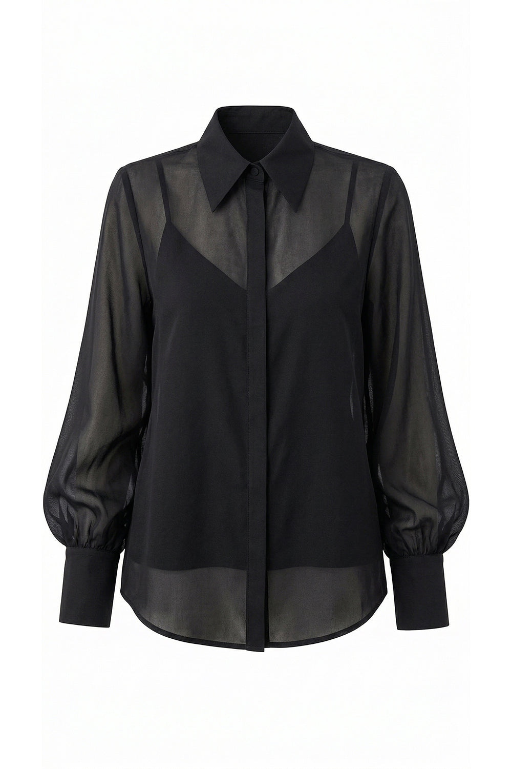 Madelyn Balloon Sleeve Sheer Shirt - BLACK