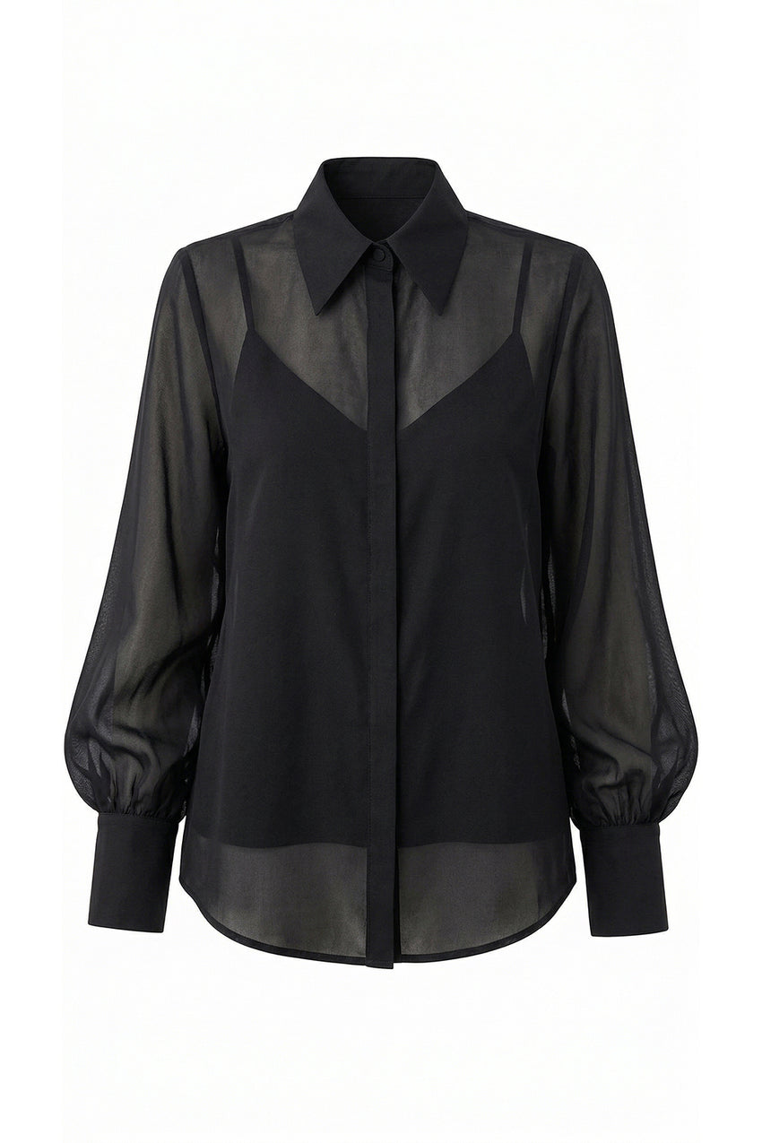 Regular Fit Balloon Sleeve Sheer Shirt - Black