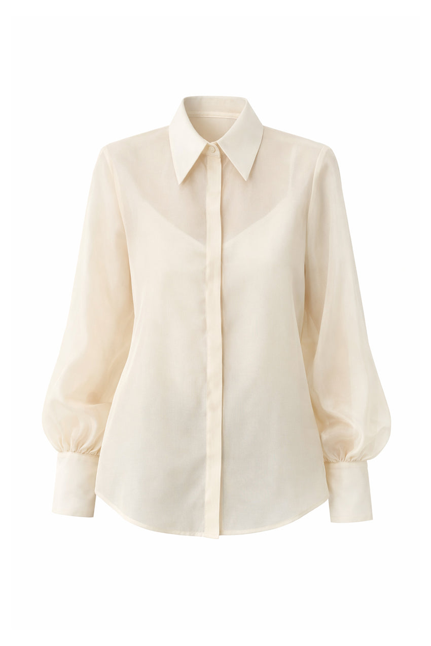 Regular Fit Balloon Sleeve Sheer Shirt - Ecru